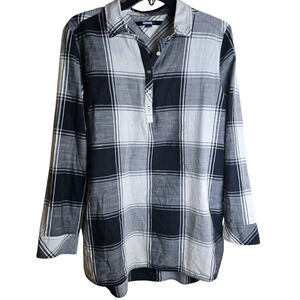 Women’s Large Hilfiger Black Gray White Plaid Popover Tunic Long Sleeve Shirt